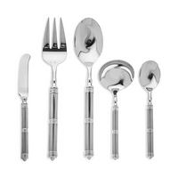 The Ricci Castello 5 Piece Hostess Set includes a knife, fork, large spoon, soup ladle, and small spoon—each featuring ribbed, textured handles with decorative bands. Arranged vertically on a white background, it’s ideal for entertaining.