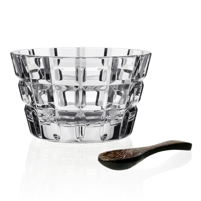The William Yeoward Blodwyn Salt Bowl with Spoon 3.25" features a clear, finely cut diamond pattern glass bowl paired with a dark wood spoon, evoking refined 19th-century elegance.