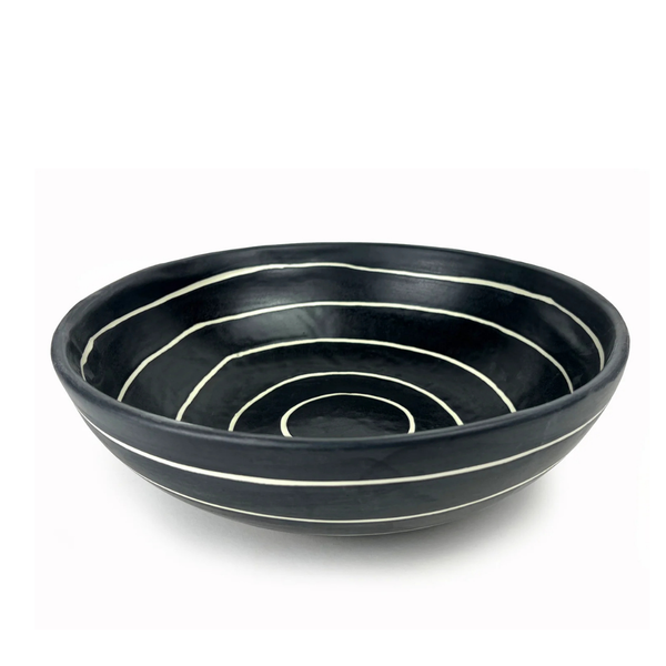 The Michael Wainwright Linea Bowl Black is a round, black ceramic bowl featuring white concentric circle patterns inside, displayed on a plain white background.