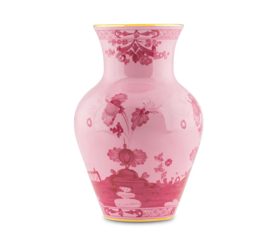 The Oriente Italiano Ming Vase 9" by Ginori 1735 is a glossy pink vase with a wide body, narrow neck, detailed floral patterns in dark pink, and gold accents—perfect for adding Italian elegance to any decor.