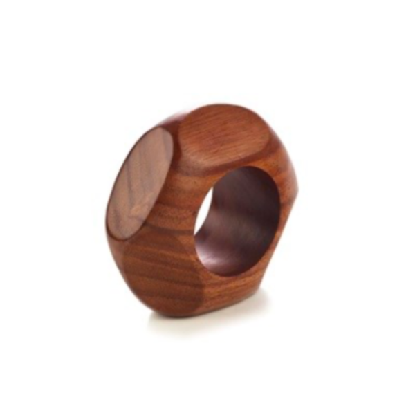 The Alexis Teak Napkin Ring Set of 4 by Bodrum features chunky, geometric wooden rings with smooth flat and rounded surfaces, making them perfect accents for your table. Shown against a white background.