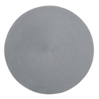The Linen Braid 15" Placemat Set of 4 by Deborah Rhodes features round, light gray woven nylon placemats with a braided texture, adding style and durability to any table setting. Shown from above against a white background.