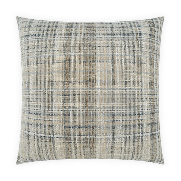 The Biarritz Pillow Granite by D.V. KAP / Canaan Company is a square decorative accent featuring a woven contemporary plaid design in shades of gray, beige, and cream. Its fabric boasts a textured appearance with intersecting horizontal and vertical lines, while the down-filled interior offers plush comfort. This elegant pillow stands out beautifully against a white background.