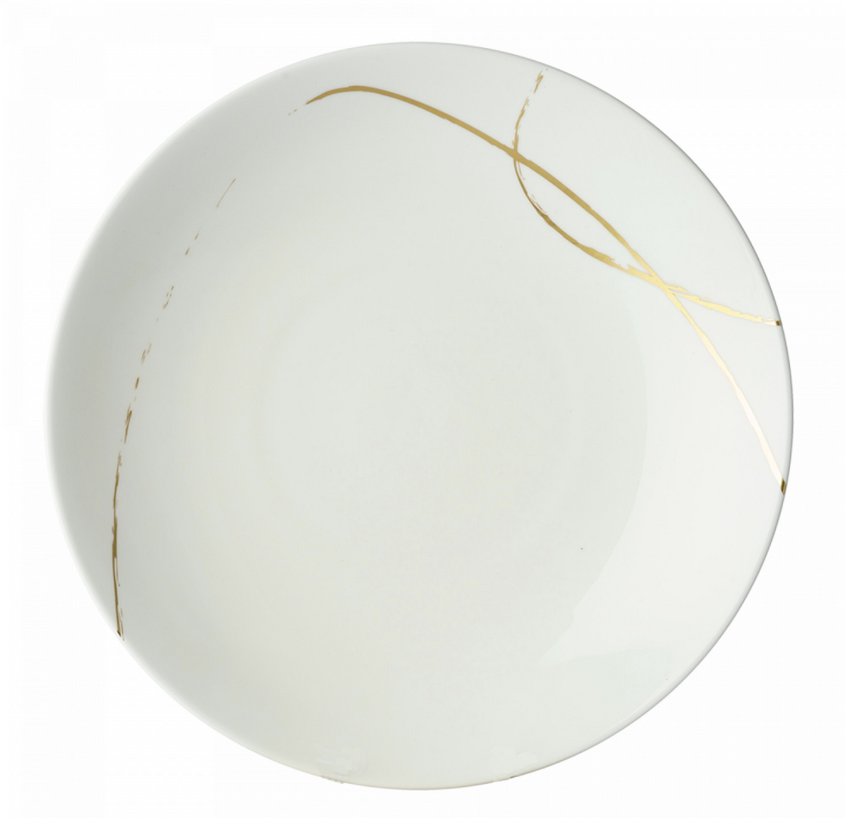The Sketch Chalk Dinnerware by Royal Crown Derby is a white ceramic plate with thin, irregular gold lines, made in England and shown from above on a plain white background.