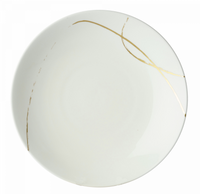 The Sketch Chalk Dinnerware by Royal Crown Derby is a white ceramic plate with thin, irregular gold lines, made in England and shown from above on a plain white background.