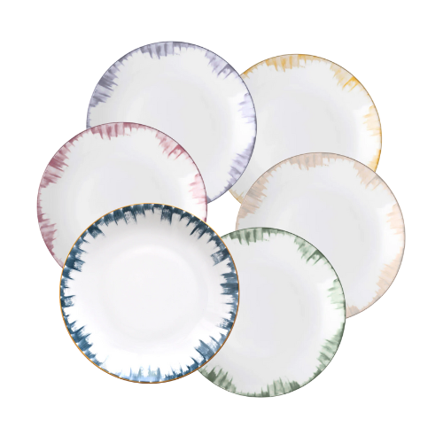 Six Marie Daâge Iris 2 ceramic plates by Marie Daâge, featuring white centers and colorful, jagged-edged borders in blue, purple, yellow, green, and pink, are arranged in an overlapping circle on a white background.