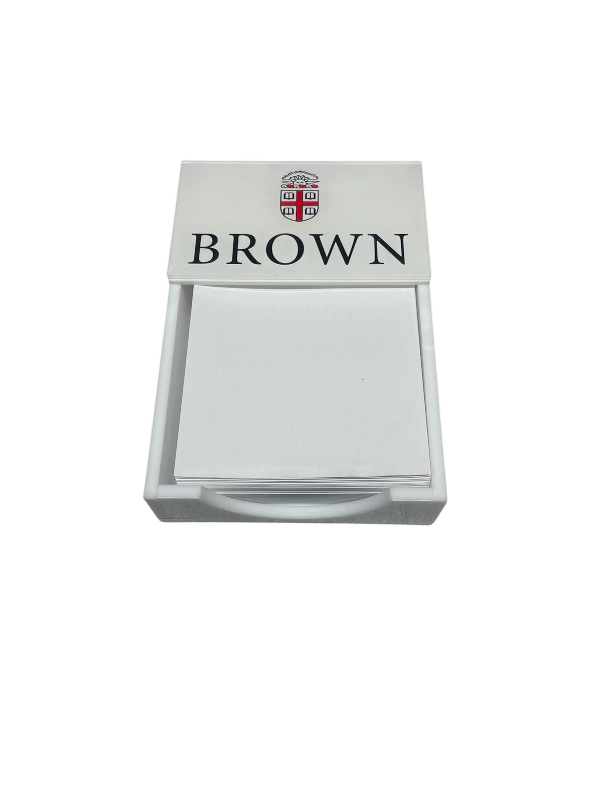 The Eye Candy College Note Pad features a white holder with blank note paper and a lid showing the Brown University crest above "BROWN" in bold black letters—ideal as a graduation gift or custom school note pad.