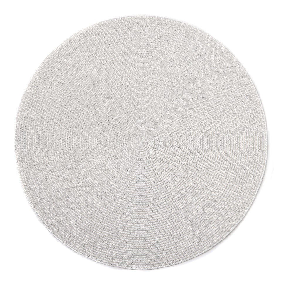 The Deborah Rhodes Linen Braid 15" Placemat Set of 4 – Solid features round, woven gray nylon placemats with a subtle spiral pattern, shown from above on a white background.