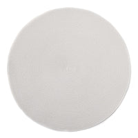 The Deborah Rhodes Linen Braid 15" Placemat Set of 4 – Solid features round, woven gray nylon placemats with a subtle spiral pattern, shown from above on a white background.