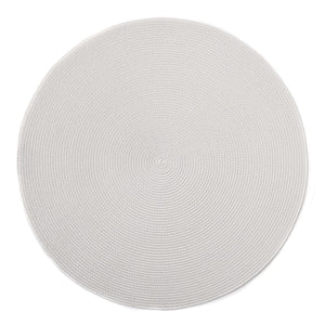 The Deborah Rhodes Linen Braid 15" Placemat Set of 4 – Solid features round, woven gray nylon placemats with a subtle spiral pattern, shown from above on a white background.