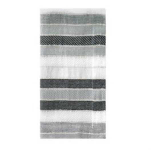 The Aegean Stripe Napkin Set of 4 in Black by Bodrum features rectangular white napkins with horizontal stripes in varying gray and black shades, creating a stylish, modern look with stripes of different thicknesses.