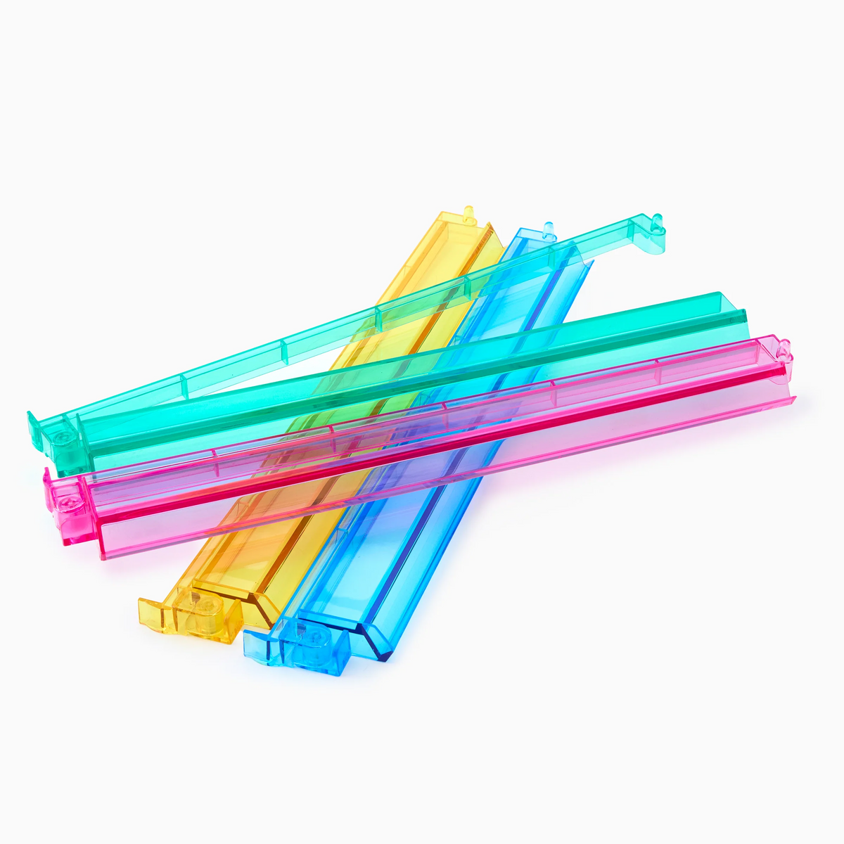The Oh My Mahjong Mahjong Rack & Pusher Set - Multi features colorful racks arranged on a white background—ideal for keeping your game organized or storing small items like acrylic racks.