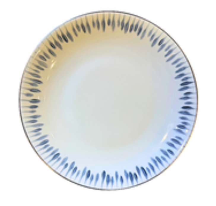 The Marie Daâge Allee de Cypres 3 Platinum Rim Dinnerware features a hand-painted round ceramic plate with a white center and blue leaf-inspired border, bringing elegant style to any table.