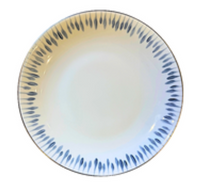 The Marie Daâge Allee de Cypres 3 Platinum Rim Dinnerware features a hand-painted round ceramic plate with a white center and blue leaf-inspired border, bringing elegant style to any table.