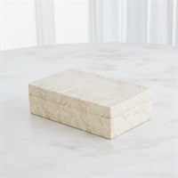 The Searchlight Box Ivory by Global Views/Surya is a rectangular, cream-colored marble box with a geometric pattern, offering refined decorative storage on any surface.
