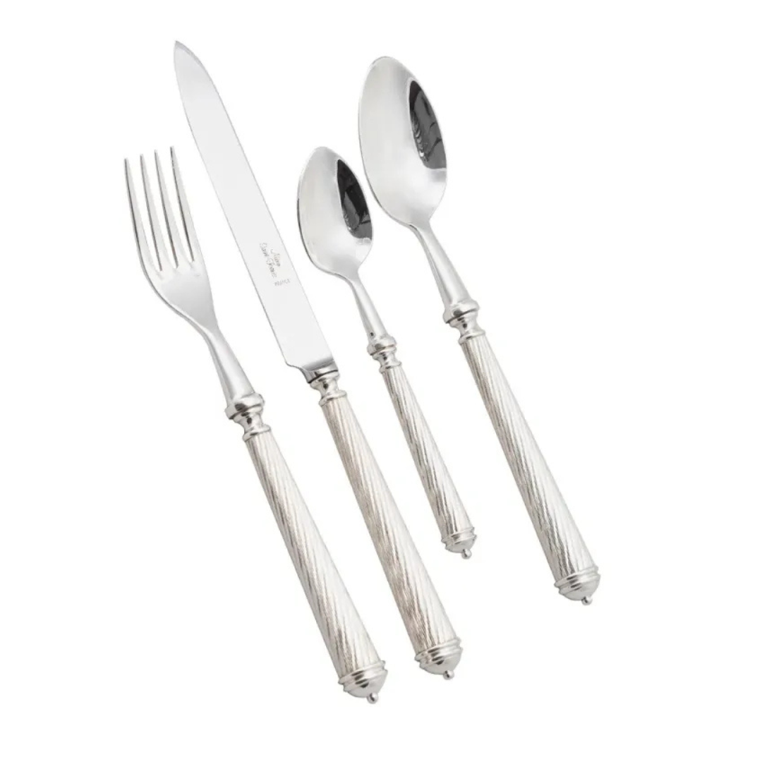 The Alain Saint-Joanis Cable Flatware 5 Piece Setting in silver plate features hand-crafted, ornate handles; each piece is displayed side by side on a white background.