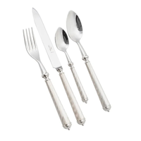 The Alain Saint-Joanis Cable Flatware 5 Piece Setting in silver plate features hand-crafted, ornate handles; each piece is displayed side by side on a white background.