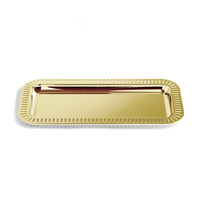 The Striations Gold Small Rectangle Serving Tray by Anna New York features a gold-plated, reflective surface with a decorative border, rounded corners, and a modern, elegant design—ideal for stylish entertaining.