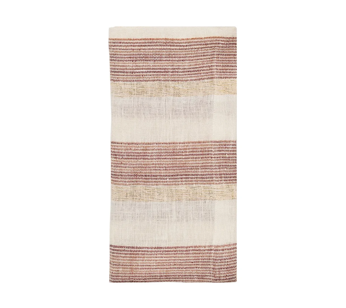 A set of four rectangular napkins by Kim Seybert, each featuring broad alternating brown and white horizontal stripes, is displayed flat against a white background. The woven texture lends an earthy and muted appearance to the colors.