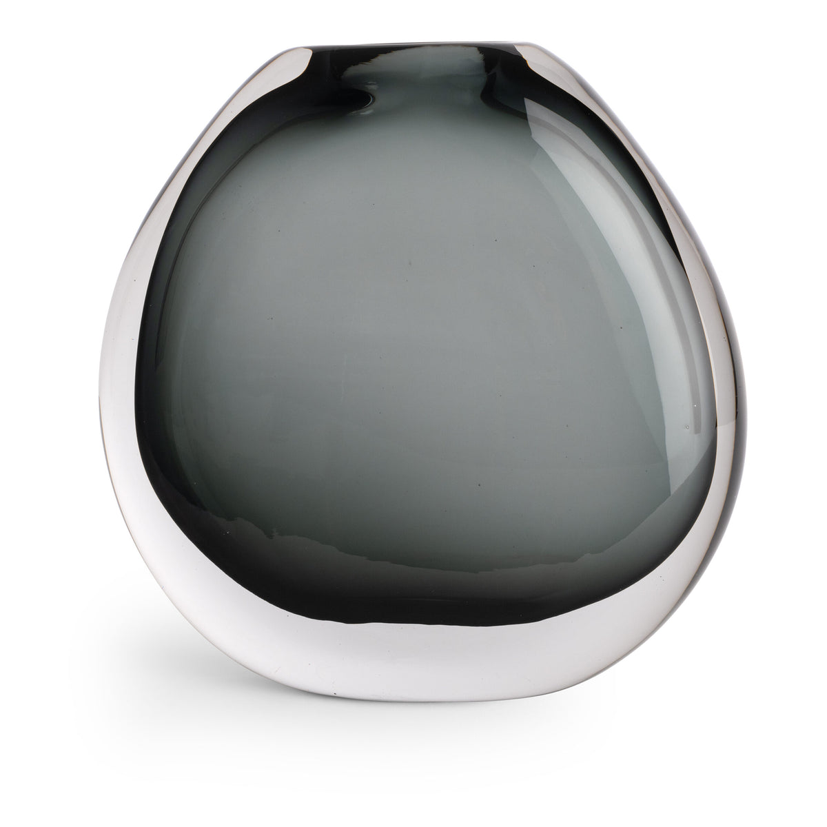 The Nellie Vase by FlowDecor Inc. is a modern, round glass vase with a wide, flat shape and smokey gray tinted glass that fades from dark to light. Its glossy finish makes it a standout piece for contemporary home decor.
