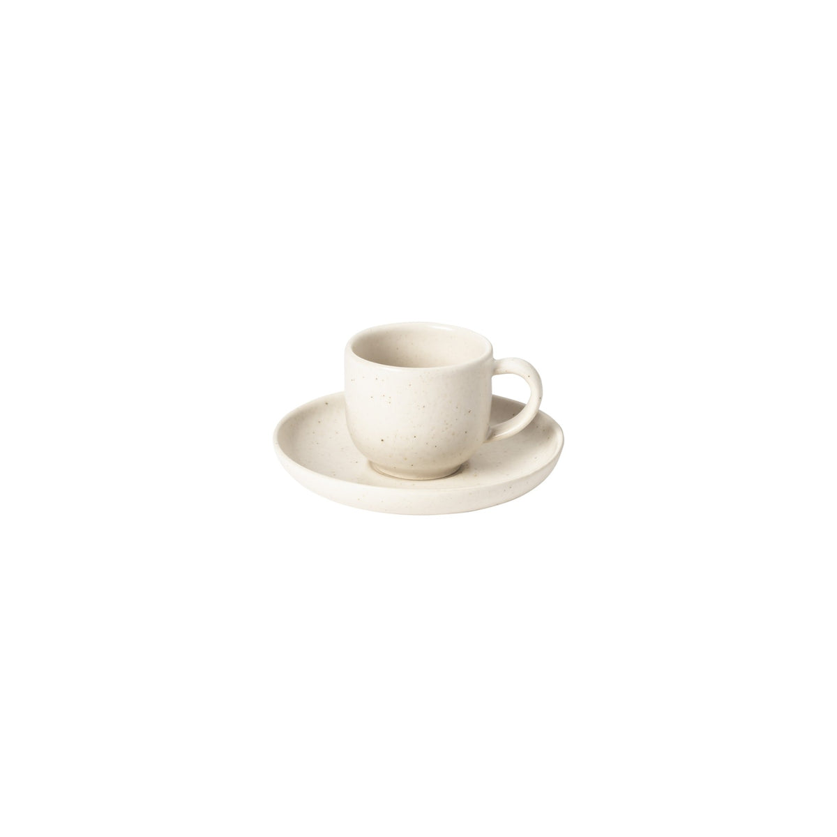 A small, white ceramic cup with a handle rests on a matching saucer from the Costa Nova Pacifica Vanilla Dinnerware collection. Both pieces feature a minimalist, slightly speckled finish and are set against a plain white background.
