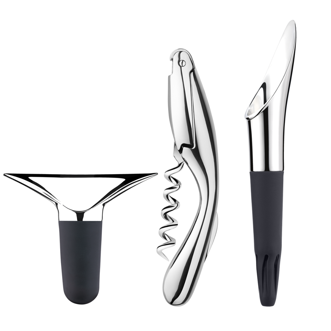 The Georg Jensen Wine and Bar 3 Piece Set—featuring a wine pourer, corkscrew, and wine aerator, each with a shiny metallic finish and elegant black handles—is displayed vertically against a white background.