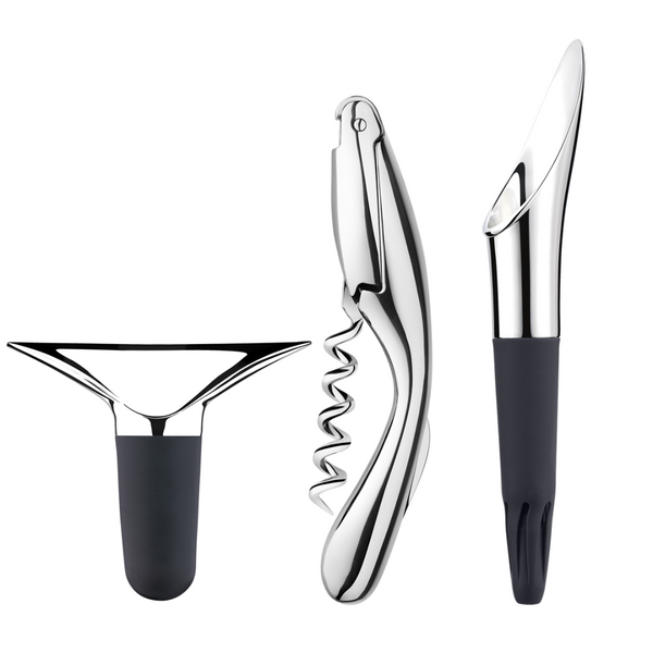 The Georg Jensen Wine and Bar 3 Piece Set—featuring a wine pourer, corkscrew, and wine aerator, each with a shiny metallic finish and elegant black handles—is displayed vertically against a white background.
