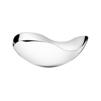 The Georg Jensen Bloom Serving Bowl features a modern, curved design in mirror-polished stainless steel with a smooth, wavy rim, shown against a white background.