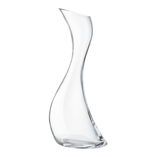 The Georg Jensen Cobra Carafe is a clear glass vessel with an organic, tall, curvy, asymmetrical shape, featuring a narrow neck and wide angled base, shown against a white background.