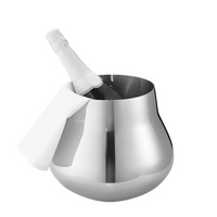 The Sky Champagne & Wine Cooler by Georg Jensen, made of shiny stainless steel, holds a wine or champagne bottle with a folded white cloth over the rim. The product is set against a plain white background.