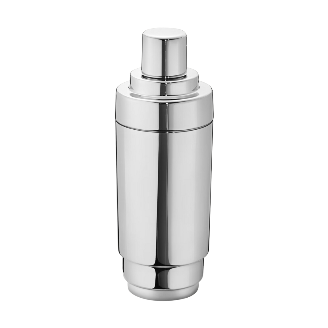 The Georg Jensen Manhattan Cocktail Shaker features a sleek, cylindrical stainless steel design with a shiny finish, cap, and built-in strainer—an essential for any home bar or barware collection.