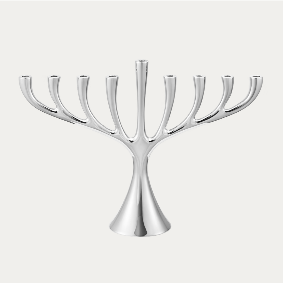 The Georg Jensen Cobra Stainless Steel Menorah features a sleek, branched design reminiscent of Scandinavian style, shown against a light gray background.