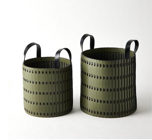 Two olive-green, cylindrical Zachary Basket Green by Go Home with black handles and small black dot pattern, placed side by side on a white background.