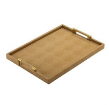 The Stingray Handle Tray by Bodrum is a rectangular, light brown bar tray with raised edges and two gold handles on the short sides, ideal for stylish serving.