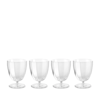 Four Iris Drinkware Collection goblets by L'Objet, made from mouth-blown clear glass with short stems, are arranged in a row on a white background.