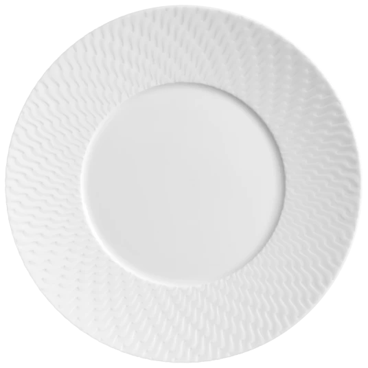 A round white plate from Meissen, the Waves Relief N°41, crafted from modern elegant tableware and featuring the brand’s signature textured wavy pattern on its wide rim, is shown from above against a plain background.