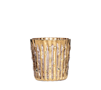 The Bamboo Glassware Gold Set of 4 by Kim Seybert features gold metallic cups with a textured, ribbed surface and reflective finish made with hand-applied 24k gold, shown upright against a white background.