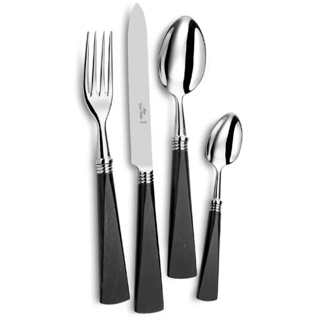 The Alain Saint-Joanis Tonia Flatware 5 Piece Setting Ebony features black-handled utensils in 18/10 stainless steel, including fork, knife, tablespoon, and teaspoon, displayed side by side on a white background.