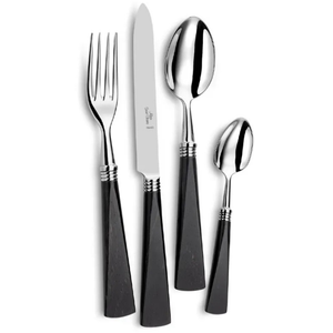 The Alain Saint-Joanis Tonia Flatware 5 Piece Setting Ebony features black-handled utensils in 18/10 stainless steel, including fork, knife, tablespoon, and teaspoon, displayed side by side on a white background.