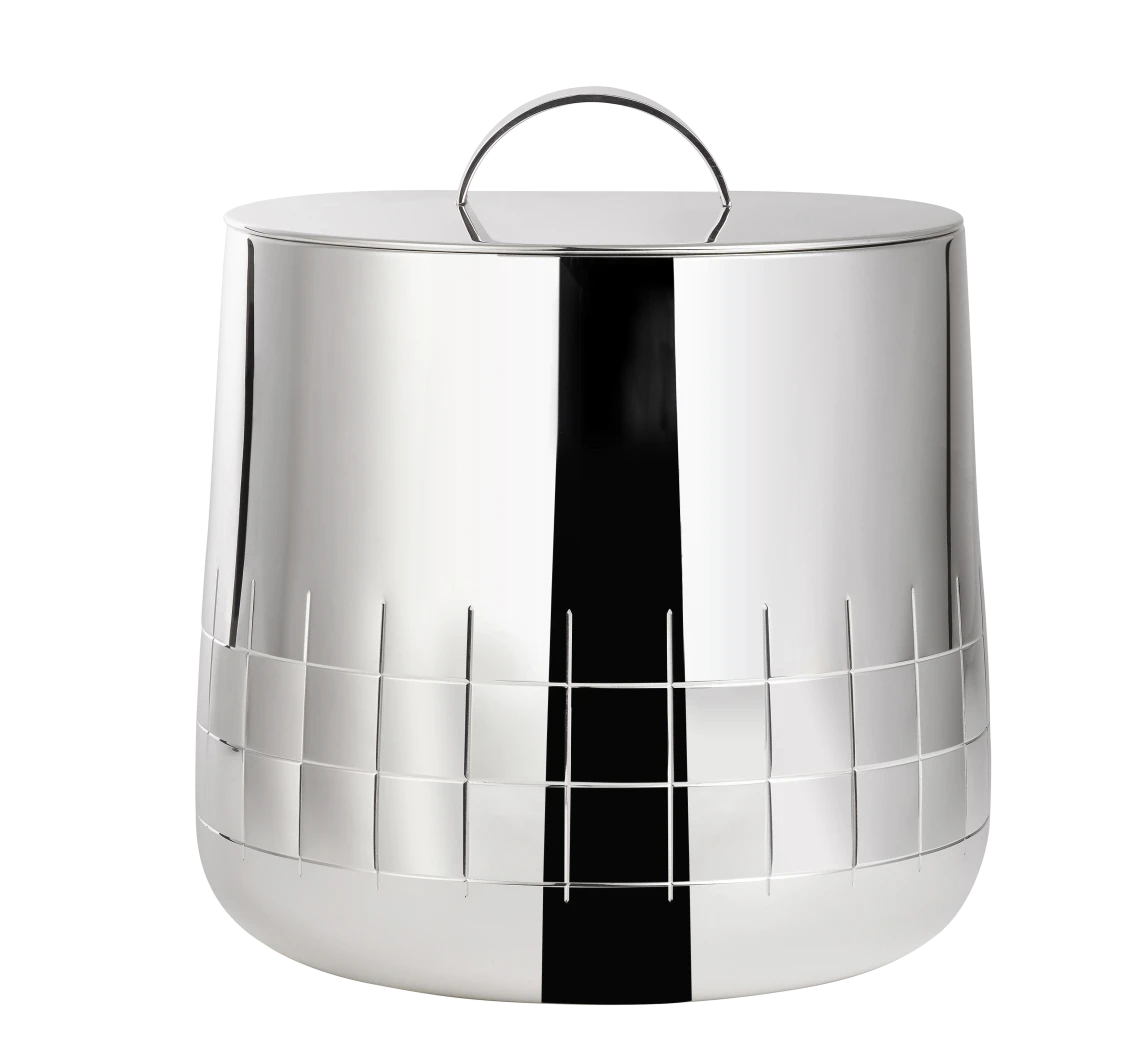 The Christofle Graphik Silver Plated Ice Bucket features a stylish grid pattern, curved lid and handle, and double-insulated walls to keep ice cold with elegance.