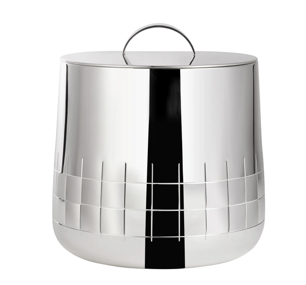 The Christofle Graphik Silver Plated Ice Bucket features a stylish grid pattern, curved lid and handle, and double-insulated walls to keep ice cold with elegance.
