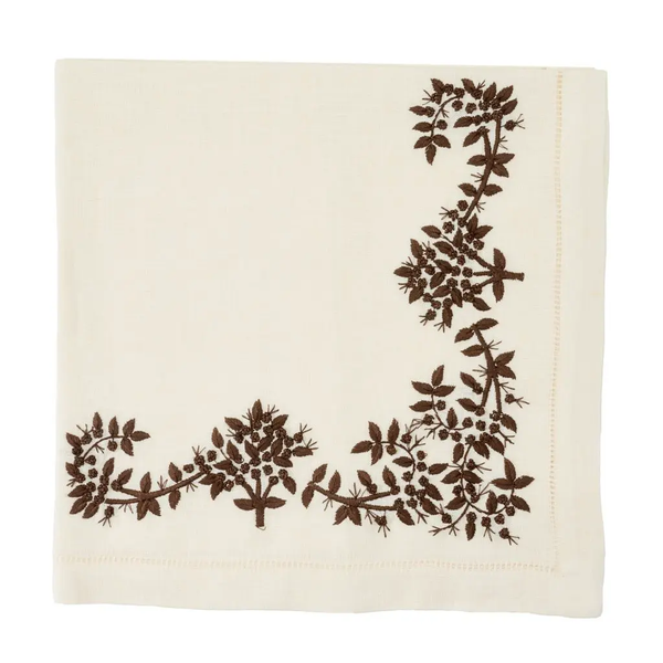 The Embroidered Royal Garden Napkin Set of 4 by Deborah Rhodes features ivory napkins with chocolate brown floral embroidery along the corner and edge, adding elegance to any table setting.