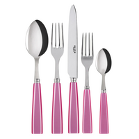 The Sabre Icone Flatware 5 Piece Setting features shiny 18/10 stainless steel and pink handles, including a tablespoon, dinner fork, dinner knife, salad fork, and teaspoon displayed on a white background.