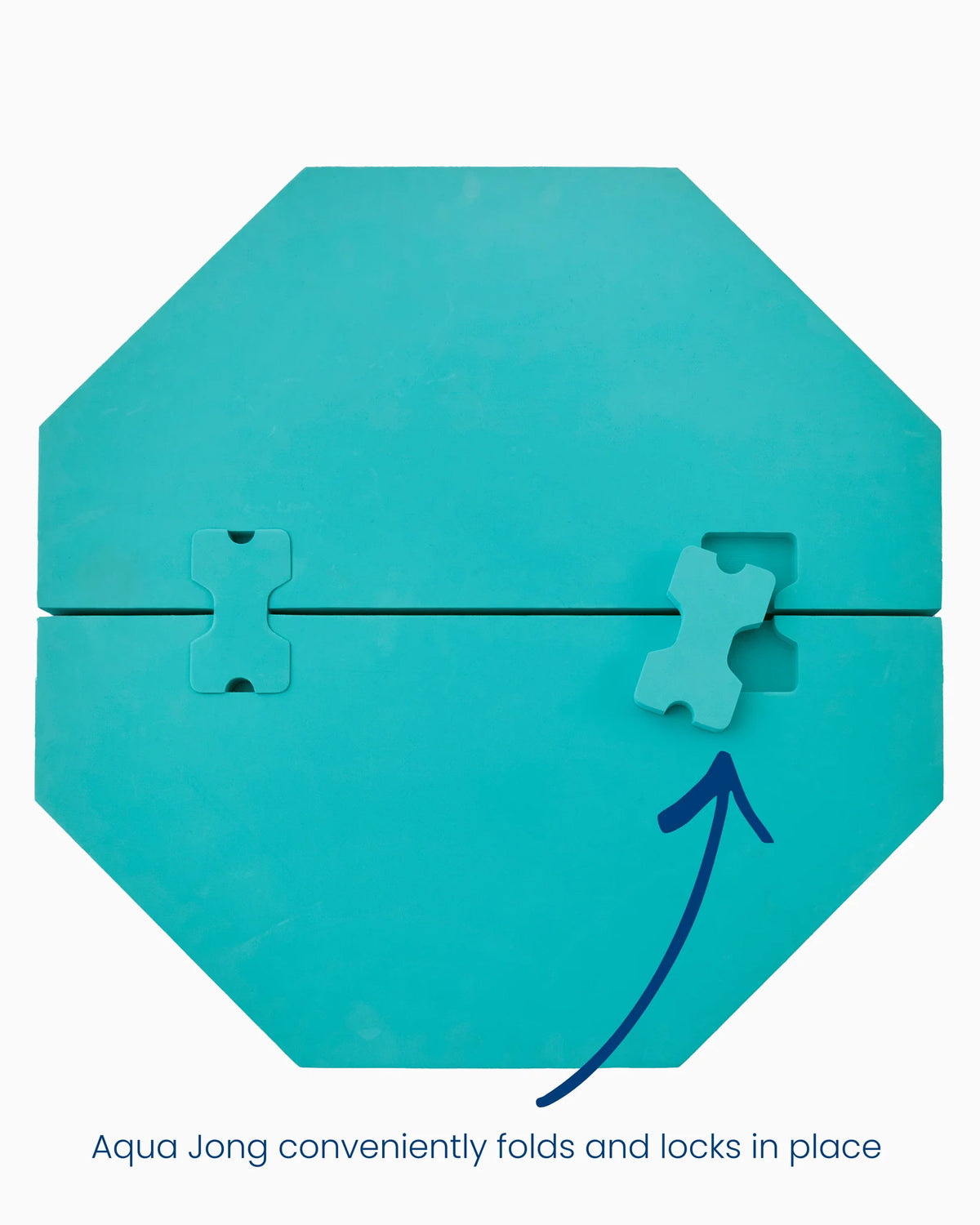 The Mahjong Aqua Pool Mat by Oh My Mahjong is a turquoise octagonal float, shown folded with two interlocking pieces and a blue arrow pointing to the lock. Text: “Conveniently folds and locks in place.”.