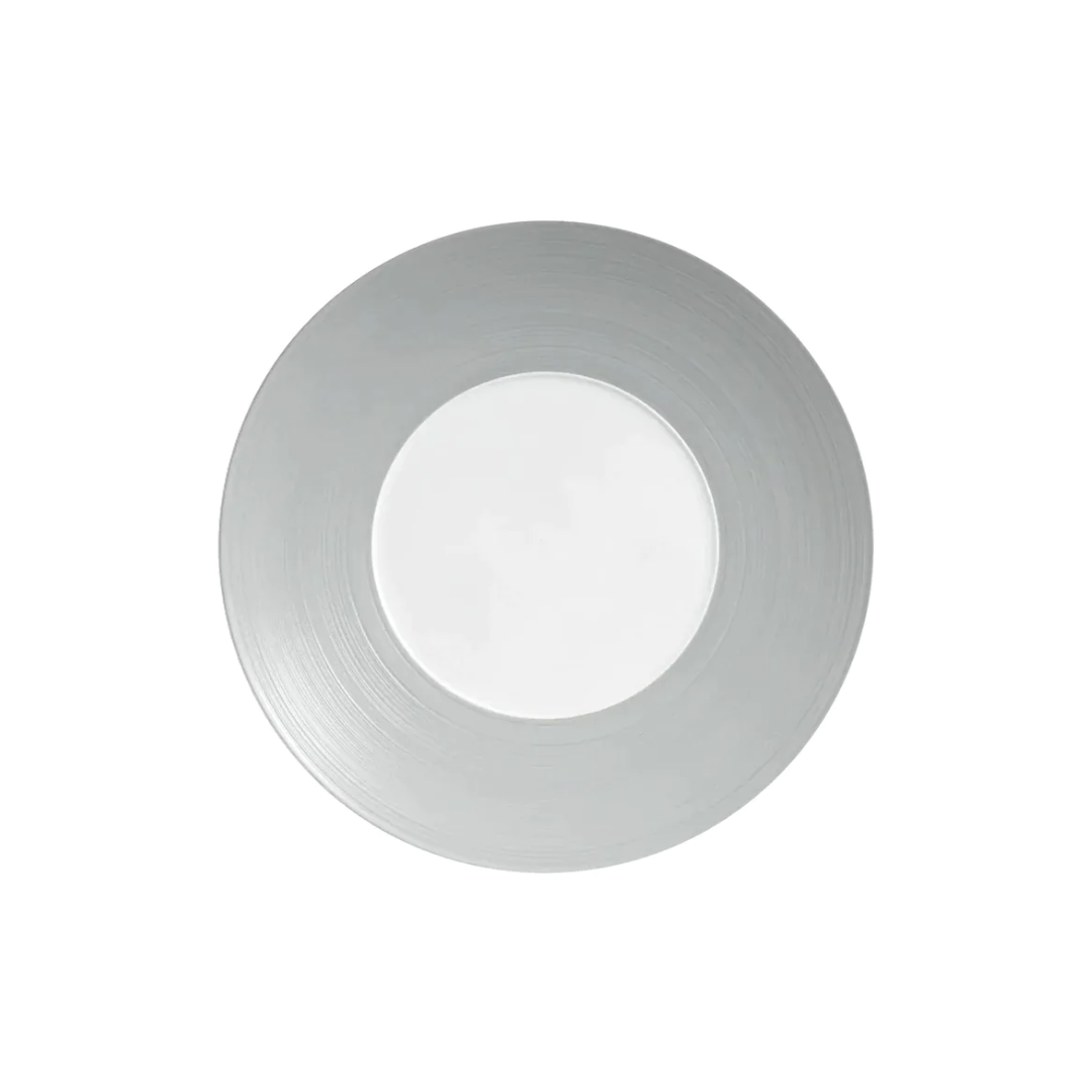 A JL Coquet Hemisphere Dinnerware Grey round plate showcases a metallic silver rim and smooth white center, displayed from above on a plain white background.