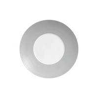 A JL Coquet Hemisphere Dinnerware Grey round plate showcases a metallic silver rim and smooth white center, displayed from above on a plain white background.
