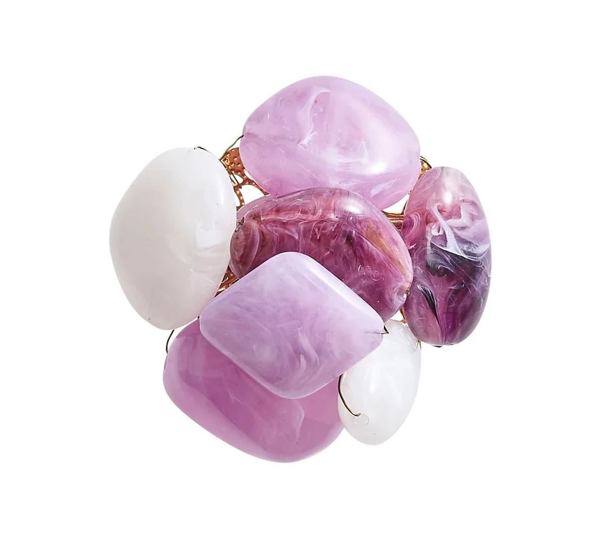 The Kim Seybert Sea Stone Napkin Ring Set of 4 in Lilac features polished stones in pink, purple, and white, artfully clustered to resemble a beaded napkin ring, displayed against a white background.