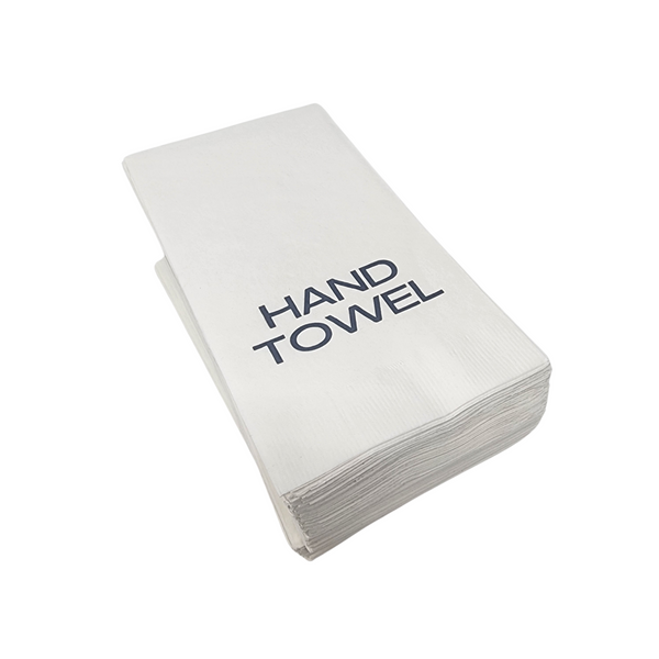 The Print Appeal Guest Hand Towel Pack in white & grey features hand towels with "HAND TOWEL" printed boldly on the top sheet, ideal for displaying in a guest towel holder.