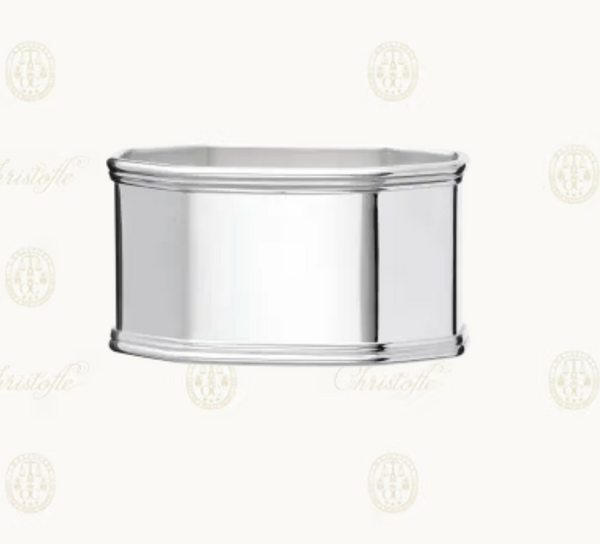 The Christofle Anne Silver-Plated Napkin Ring features smooth sides and subtly raised edges, set against a pale background with soft Christofle logos—a timeless addition to your family table accessories.