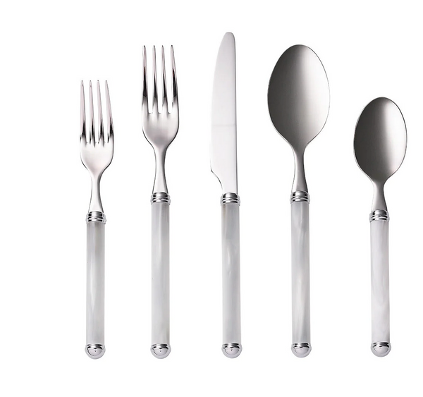 The Kim Seybert Mirage Flatware 5 pc Place Set in White/Silver includes a salad fork, dinner fork, dinner knife, soup spoon, and teaspoon arranged neatly on a white background. This stylish set is also dishwasher safe.